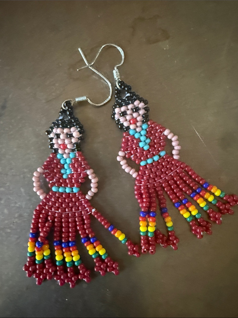 Handmade Beaded Red Fringe Doll Earrings - Unbranded